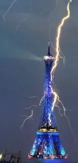 Eiffel Tower illuminated by lightning under a night sky.