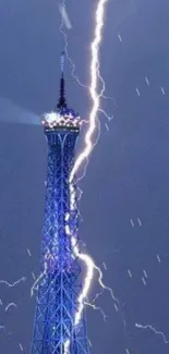 Dramatic lightning striking the Eiffel Tower featuring a blue sky backdrop.