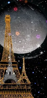 Eiffel Tower with lunar background and starry cosmic sky.