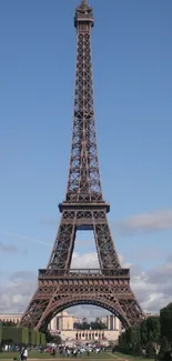 Eiffel Tower mobile wallpaper with blue sky and green landscape.