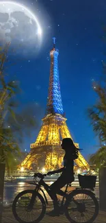 Silhouette of cyclist with Eiffel Tower and moon at night.