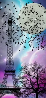 Eiffel Tower against a moonlit sky with birds, tree, and vibrant colors.