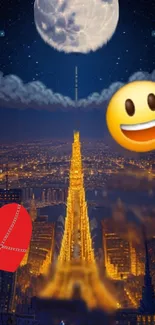 Eiffel Tower, emojis, and moonlit night scene wallpaper.