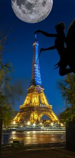 Silhouette fairy by Eiffel Tower with full moon in Paris night sky.