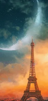 Eiffel Tower with crescent moon in a vibrant night sky.