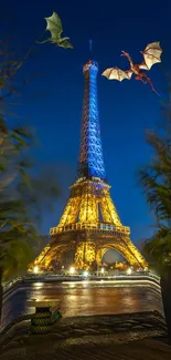 Eiffel Tower at night with dragons in a fantasy setting, stunning dark blue sky.