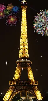 Eiffel Tower illuminated at night with fireworks in the sky.