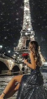 Eiffel Tower night view with woman in elegant dress and starry sky.