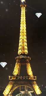 Eiffel Tower illuminated at night with sparkling diamonds.