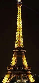 Stunning night view of the illuminated Eiffel Tower glowing in gold.