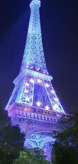 Eiffel Tower illuminated with purple and blue lights against a night sky.