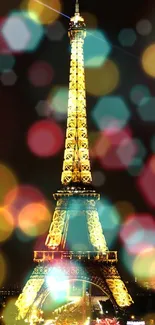 Eiffel Tower illuminated at night in Paris cityscape.