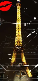 Glowing Eiffel Tower with digital effects at night.