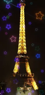 Eiffel Tower illuminated at night with colorful glowing stars.