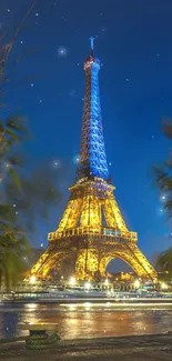 Eiffel Tower illuminated against a midnight blue sky at night.