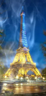 Eiffel Tower shining against a deep blue night sky with glowing details.