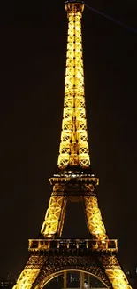 Eiffel Tower glowing gold against night sky.