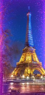 Eiffel Tower glowing at night with neon and starry sky.