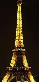 Eiffel Tower glowing at night with golden lights.