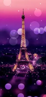 Eiffel Tower glowing at night with purple sky and bokeh lights.