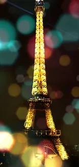 Eiffel Tower illuminated at night with vibrant bokeh lights.