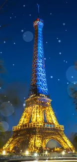 Illuminated Eiffel Tower at night with a starry background.