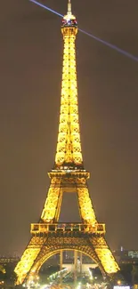 Eiffel Tower glowing at night in golden lights.