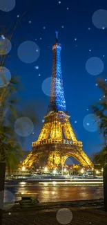 Eiffel Tower illuminated at night in Paris, framed by plants.