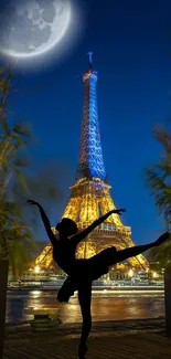 Silhouette of a dancer in front of the Eiffel Tower at night under a full moon.