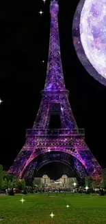 Eiffel Tower lit at night with a large purple moon.