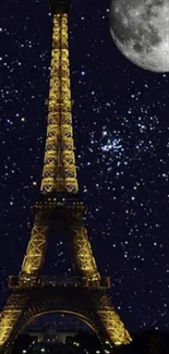 Eiffel Tower under starry night sky with moon.