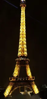 Illuminated Eiffel Tower at night with a dark sky backdrop.