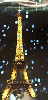 Eiffel Tower illuminated at night with city lights and starry effects.