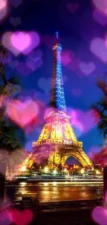 Illuminated Eiffel Tower against a blue night sky.