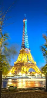 Eiffel Tower illuminated at night in Paris with scenic view.