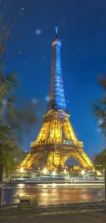 Beautiful night view of Eiffel Tower glowing with vibrant golden lights.