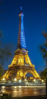 Eiffel Tower illuminated against a night sky in Paris.