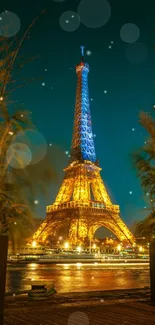 Eiffel Tower glowing at night with scenic view.