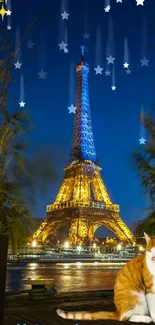 Eiffel Tower at night with cat in foreground, vibrant colors.