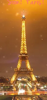 Eiffel Tower illuminated at night in Paris with city lights.