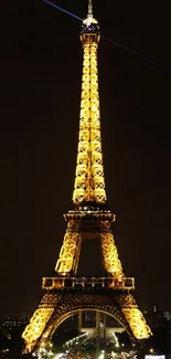 Eiffel Tower illuminated against a black night sky.