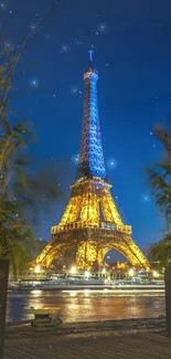 Eiffel Tower lit up at night with a dark blue sky and vibrant reflections.