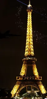 Eiffel Tower beautifully lit at night with a plane silhouette.