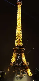 Eiffel Tower illuminated at night with a dark sky backdrop.
