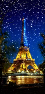 Eiffel Tower illuminated at night in Paris, stunning view.