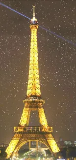 Eiffel Tower illuminated at night with a starry sky backdrop.