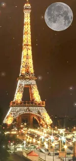 Eiffel Tower illuminated at night with a full moon in the background.