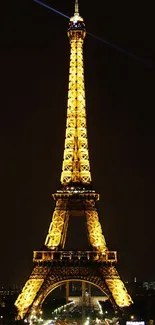 Eiffel Tower illuminated at night against a dark sky.