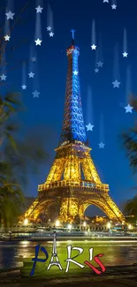 Eiffel Tower night view with stars and Paris text on a blue background.