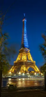 Eiffel Tower illuminated at night with blue sky background.